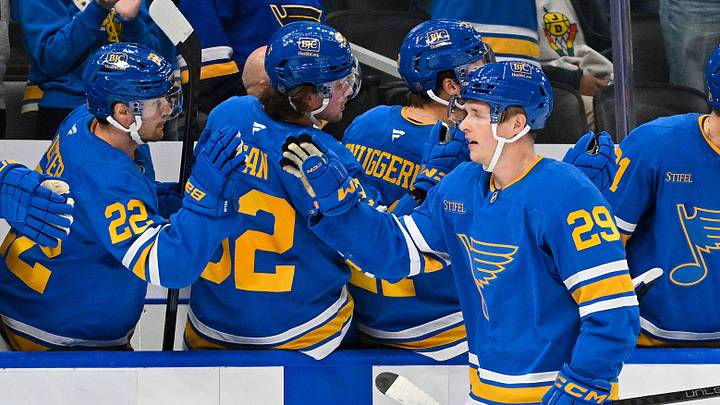 Oct 10, 2026; St. Louis, Missouri, USA; St. Louis Blues right wing Jonatan Berggren (29) celebrates with teammates after scoring a goal against the Columbus Blue Jackets during the third period at Enterprise Center. Mandatory Credit: Jeff Curry-Imagn Images