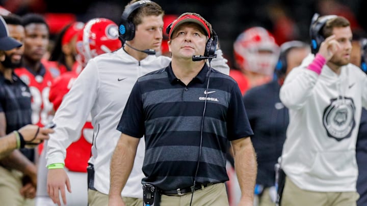 Jan 1, 2019; New Orleans, LA, USA; Georgia Bulldogs head coach Kirby Smart looks up at the scoreboard against Texas Longhorns in the second quarter in the 2019 Sugar Bowl at Mercedes-Benz Superdome. Mandatory Credit: Stephen Lew-Imagn Images