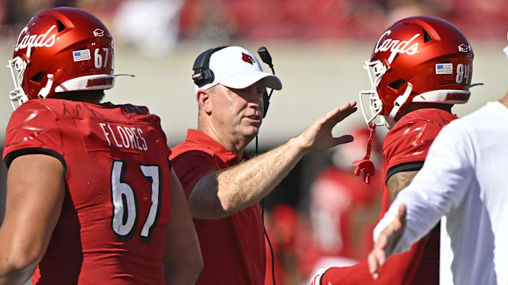 Sep 23, 2023; Louisville, Kentucky, USA;  Louisville Cardinals head coach Jeff Brohm celebrates with