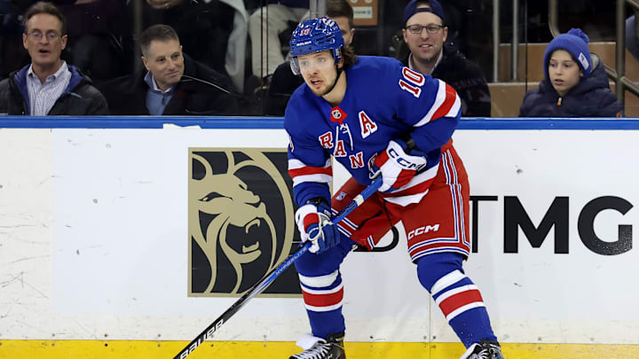 Dec 9, 2024; New York, New York, USA; New York Rangers left wing Artemi Panarin (10) controls the puck against the Chicago Blackhawks during the third period at Madison Square Garden. Mandatory Credit: Brad Penner-Imagn Images