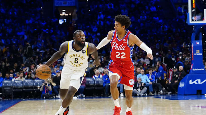 Apr 9, 2022; Philadelphia, Pennsylvania, USA; Indiana Pacers guard Lance Stephenson (6) dribbles the ball against Philadelphia 76ers shooting guard Matisse Thybulle (22) during the first half at Wells Fargo Center. Mandatory Credit: Gregory Fisher-Imagn Images