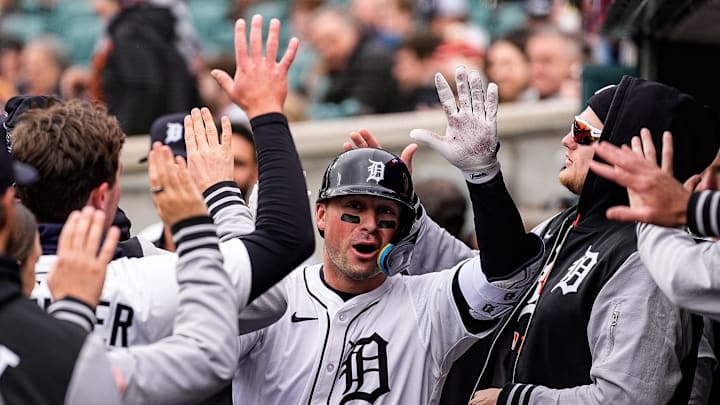 Detroit Tigers first base Spencer Torkelson (20) celebrates in the dugout after he bats a solo home run against Chicago White Sox during the third inning at Comerica Park in Detroit on Saturday, April 5, 2025.