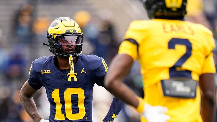 Team Blue wide receiver Jaime Ffrench (10) looks on before a play during the spring game at Michigan Stadium in Ann Arbor on Saturday, April 18, 2026.