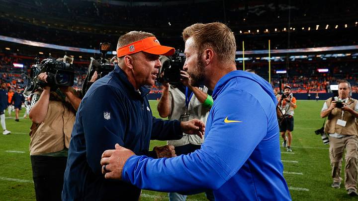 Aug 26, 2023; Denver, Colorado, USA; Denver Broncos head coach Sean Payton greets Los Angeles Rams head coach Sean McVay after the game at Empower Field at Mile High. Mandatory Credit: Isaiah J. Downing-USA TODAY Sports Aug 26, 2023; Denver, Colorado, USA; Denver Broncos head coach Sean Payton greets Los Angeles Rams head coach Sean McVay after the game at Empower Field at Mile High. Mandatory Credit: Isaiah J. Downing-USA TODAY Sports
