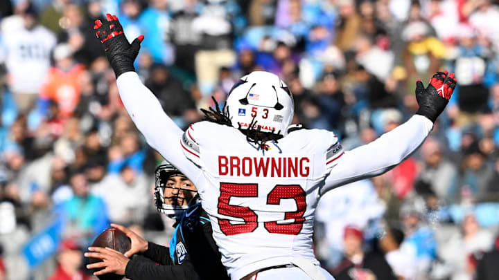Dec 22, 2024; Charlotte, North Carolina, USA; Carolina Panthers quarterback Bryce Young (9) looks to pass as Arizona Cardinals linebacker Baron Browning (53) pressures in the first quarter at Bank of America Stadium. Mandatory Credit: Bob Donnan-Imagn Images Dec 22, 2024; Charlotte, North Carolina, USA; Carolina Panthers quarterback Bryce Young (9) looks to pass as Arizona Cardinals linebacker Baron Browning (53) pressures in the first quarter at Bank of America Stadium. Mandatory Credit: Bob Donnan-Imagn Images