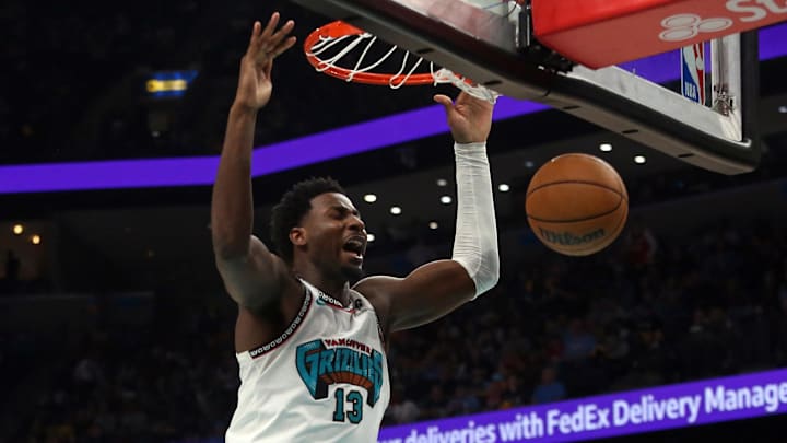 Apr 18, 2025; Memphis, Tennessee, USA; Memphis Grizzlies forward Jaren Jackson Jr. (13) dunks during the fourth quarter against the Dallas Mavericks at FedExForum. Mandatory Credit: Petre Thomas-Imagn Images Apr 18, 2025; Memphis, Tennessee, USA; Memphis Grizzlies forward Jaren Jackson Jr. (13) dunks during the fourth quarter against the Dallas Mavericks at FedExForum. Mandatory Credit: Petre Thomas-Imagn Images