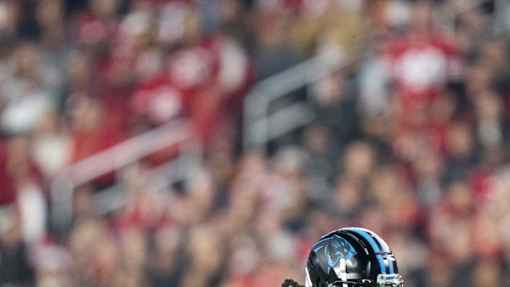 November 24, 2025; Santa Clara, California, USA; Carolina Panthers cornerback Jaycee Horn (8) catches an interception against the San Francisco 49ers during the first half at Levi's Stadium. Mandatory Credit: Kyle Terada-Imagn Images