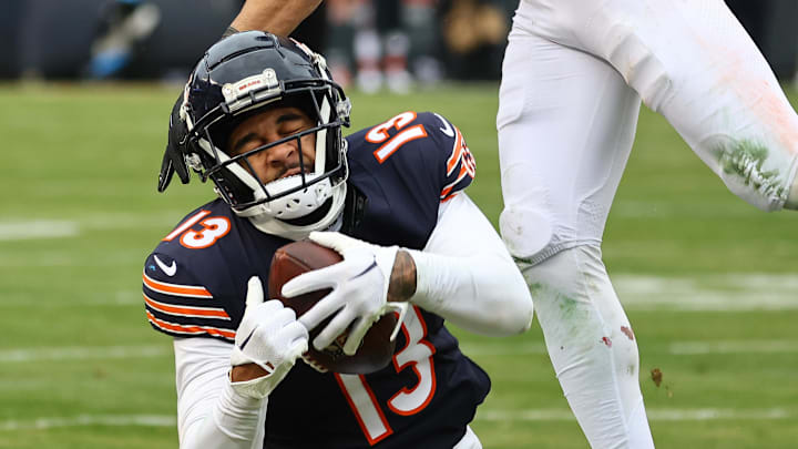 Chicago Bears wide receiver Keenan Allen makes a catch Detroit Lions safety Brian Branch. Mandatory Credit: Mike Dinovo-Imagn Images