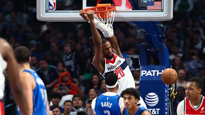 Oct 24, 2025; Dallas, Texas, USA; Washington Wizards center Alex Sarr (20) sunks past Dallas Mavericks forward Anthony Davis (3) during the first quarter at American Airlines Center. Mandatory Credit: Kevin Jairaj-Imagn Images Oct 24, 2025; Dallas, Texas, USA; Washington Wizards center Alex Sarr (20) sunks past Dallas Mavericks forward Anthony Davis (3) during the first quarter at American Airlines Center. Mandatory Credit: Kevin Jairaj-Imagn Images