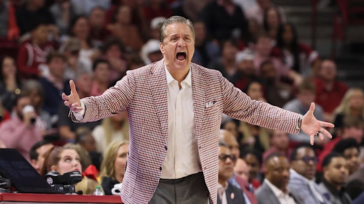 Mar 4, 2026; Fayetteville, Arkansas, USA; Arkansas Razorbacks head coach John Calipari reacts to a call during the second half against the Texas Longhorns at Bud Walton Arena. Mandatory Credit: Nelson Chenault-Imagn Images