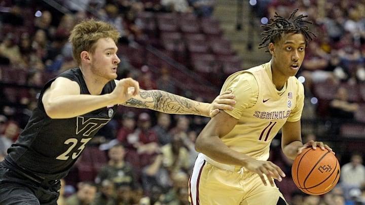 Jan 6, 2024; Tallahassee, Florida, USA; Virginia Tech Hokies guard Tyler Nickel (23) defends Florida