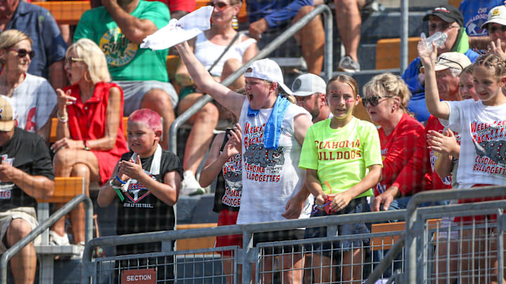Fans cheer during UIL State Championship action at Red & Charline McCombs Field in Austin.