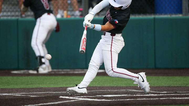 London’s RJ Olivares bats during the Class 3A division I UIL State Semifinal game on Thursday, May 29, 2025, at Gardner Boggs Field in Austin, Texas.