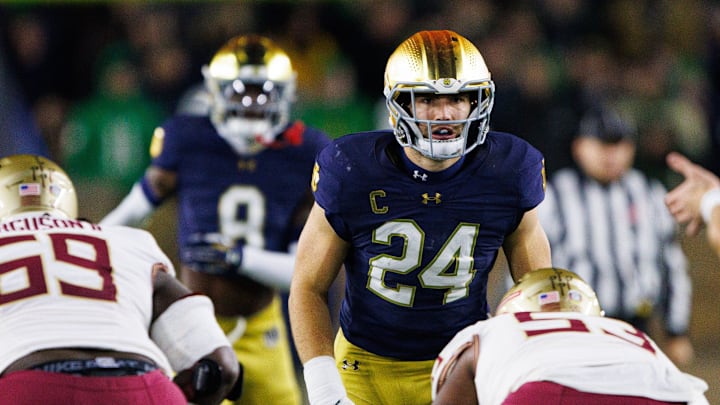 Notre Dame linebacker Jack Kiser (24) lines up during a NCAA college football game against Florida State at Notre Dame Stadium on Saturday, Nov. 9, 2024, in South Bend. Notre Dame linebacker Jack Kiser (24) lines up during a NCAA college football game against Florida State at Notre Dame Stadium on Saturday, Nov. 9, 2024, in South Bend.