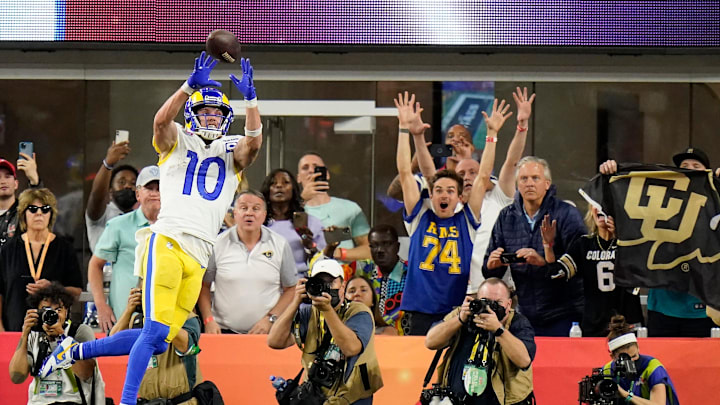 Los Angeles Rams wide receiver Cooper Kupp (10) comes down with a catch in the end zone in the Super Bowl vs. the Bengals.