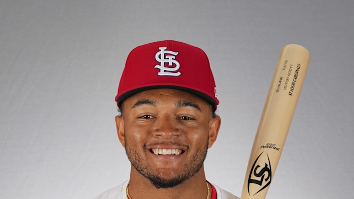 Feb 21, 2024; Jupiter, FL, USA;  St. Louis Cardinals outfielder Victor Scott II (91). - Jim Rassol-USA TODAY Sports