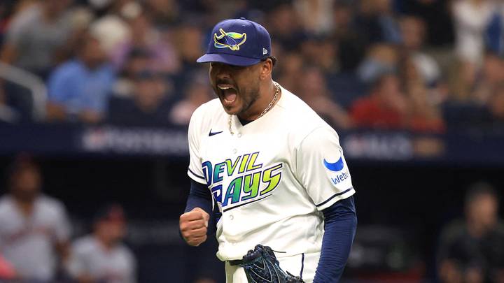 Oct 13, 2026; St. Petersburg, Florida, USA; Tampa Bay Rays pitcher Freddy Peralta (51) reacts after pitching against the Cleveland Guardians during the fifth inning in game two of the ALCS for the 2026 MLB Playoffs at Tropicana Field. Mandatory Credit: Kim Klement Neitzel-Imagn Images Oct 13, 2026; St. Petersburg, Florida, USA; Tampa Bay Rays pitcher Freddy Peralta (51) reacts after pitching against the Cleveland Guardians during the fifth inning in game two of the ALCS for the 2026 MLB Playoffs at Tropicana Field. Mandatory Credit: Kim Klement Neitzel-Imagn Images