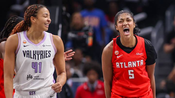 Atlanta Dream forward Angel Reese (5) reacts after a play against the Golden State Valkyries. Atlanta Dream forward Angel Reese (5) reacts after a play against the Golden State Valkyries.