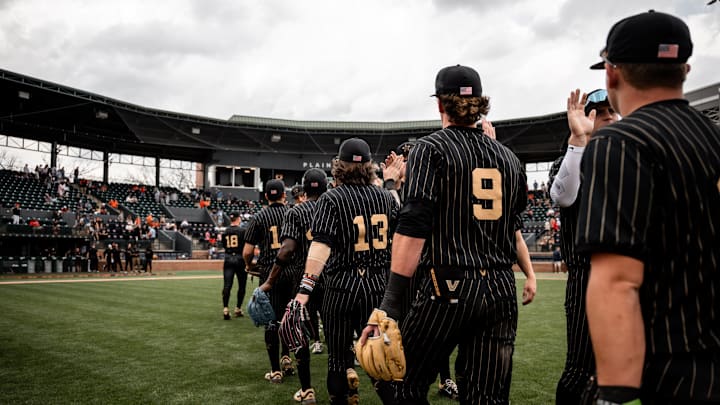 Vanderbilt baseball players congratulate each other on Saturday's win against Auburn, but it was the only win the Commodores had on the first weekend of SEC play.