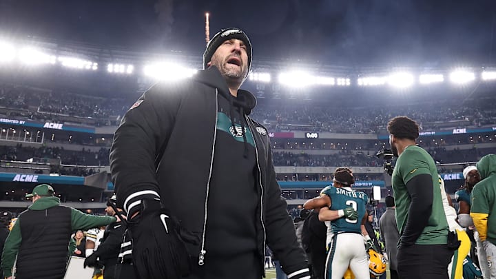 Jan 12, 2025; Philadelphia, Pennsylvania, USA; Philadelphia Eagles head coach Nick Sirianni reacts after the game against the Green Bay Packers in an NFC wild card game at Lincoln Financial Field. Mandatory Credit: Bill Streicher-Imagn Images