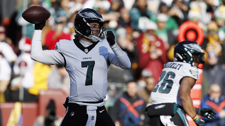 Dec 22, 2024; Landover, Maryland, USA; Philadelphia Eagles quarterback Kenny Pickett (7) passes the ball against the Washington Commanders during the first quarter at Northwest Stadium. Mandatory Credit: Geoff Burke-Imagn Images