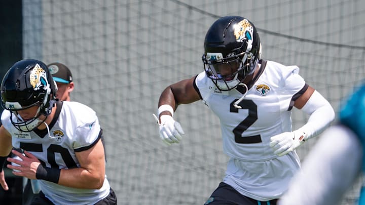 Jacksonville Jaguars cornerback Jourdan Lewis (2) warms up during the fourth organized team activity at the Miller Electric Center in Jacksonville, Fla. Tuesday, May 27, 2025. [Doug Engle/Florida Times-Union]