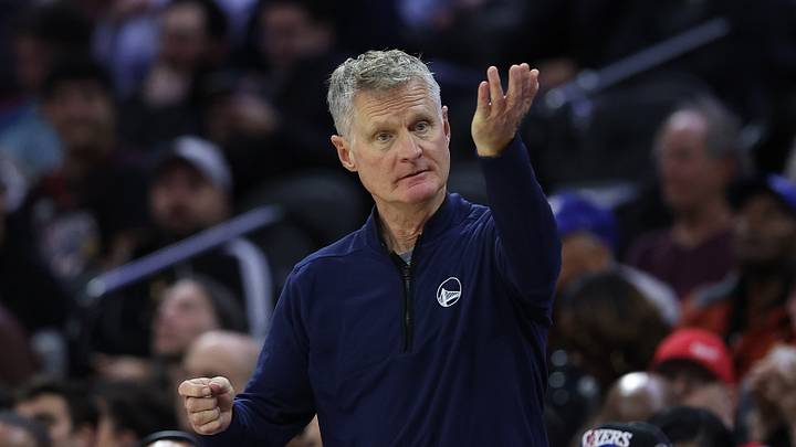 Philadelphia, Pennsylvania, USA; Golden State Warriors head coach Steve Kerr reacts during the third quarter against the Philadelphia 76ers at Xfinity Mobile Arena. Mandatory Credit: Bill Streicher-Imagn Images