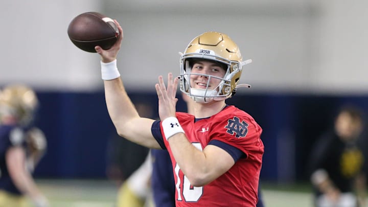 Notre Dame quarterback Steve Angeli (18) at Notre Dame spring football practice Thursday, March 7,