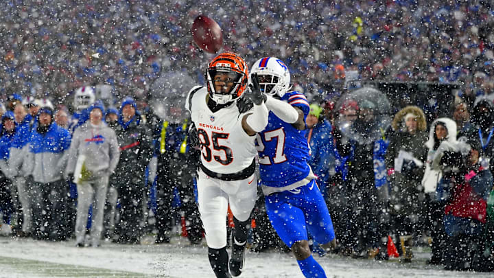 Jan 22, 2023; Orchard Park, New York, USA; Buffalo Bills cornerback Tre'Davious White (27) breaks up