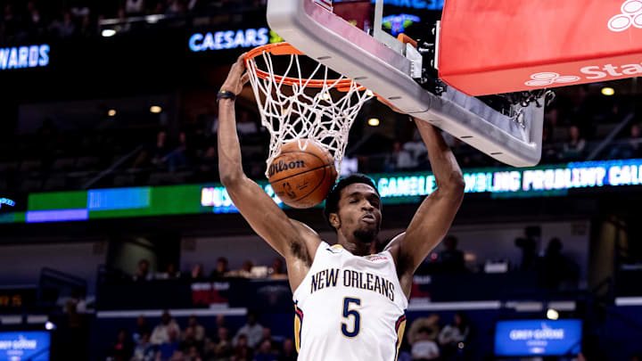 Feb 22, 2024; New Orleans, Louisiana, USA;  New Orleans Pelicans forward Herbert Jones (5) dunks the