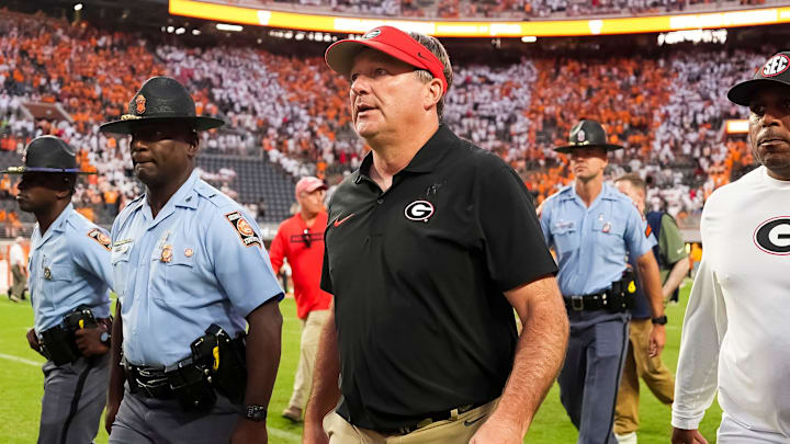 Georgia head coach Kirby Smart walks off the field after an overtime win against Tennessee at Neyland Stadium in Knoxville, Tenn., on Sept. 13, 2025.