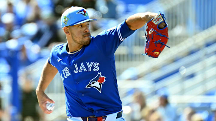 Feb 23, 2026; Dunedin, Florida, USA; Toronto Blue Jays starting  pitcher Jose Berrios (17) throws a pitch in the first inning against the New York Mets at TD Ballpark. 