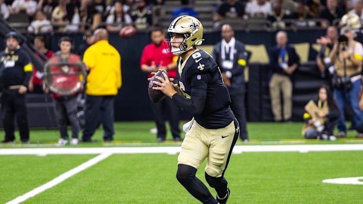 Aug 23, 2025; New Orleans, Louisiana, USA; New Orleans Saints quarterback Tyler Shough (6) against the Denver Broncos during the second half at Caesars Superdome. Mandatory Credit: Stephen Lew-Imagn Images