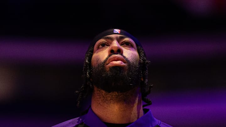 Jan 28, 2025; Philadelphia, Pennsylvania, USA; Los Angeles Lakers forward Anthony Davis stands for the anthem before action against the Philadelphia 76ers at Wells Fargo Center. Mandatory Credit: Bill Streicher-Imagn Images