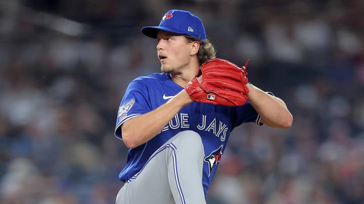 May 18, 2026; Bronx, New York, USA; Toronto Blue Jays relief pitcher Adam Macko (64) pitches against the New York Yankees during the sixth inning at Yankee Stadium. Macko is making his MLB debut. Mandatory Credit: Brad Penner-Imagn Images