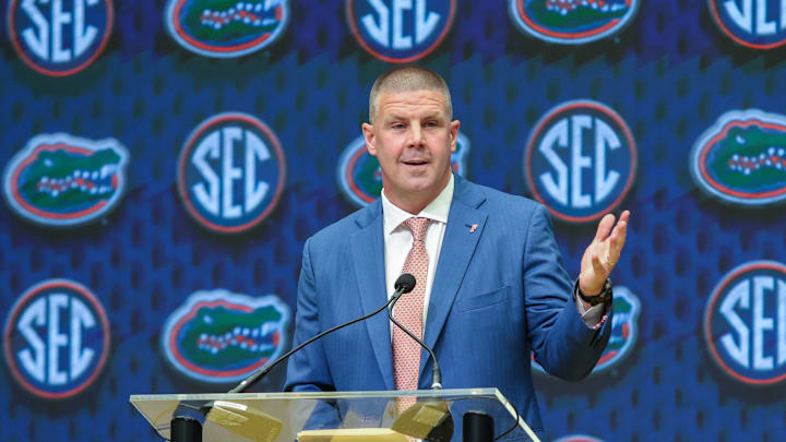 Jul 16, 2025; Atlanta, GA, USA; Florida State Gators head coach Billy Napier talks to the media during the SEC Media Days at Omni Atlanta Hotel. Mandatory Credit: Jordan Godfree-Imagn Images