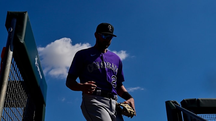Mar 3, 2023; Scottsdale, Arizona, USA; Colorado Rockies left fielder Kris Bryant (23) looks on prior