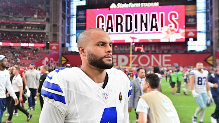 Dallas Cowboys quarterback Dak Prescott reacts after losing to the Arizona Cardinals at State Farm Stadium.