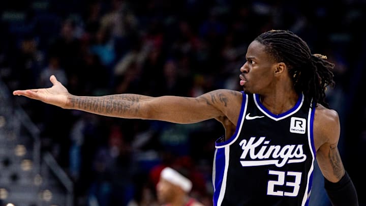 Feb 13, 2025; New Orleans, Louisiana, USA;  Sacramento Kings guard Keon Ellis (23) reacts to a play against the New Orleans Pelicans during the second half at Smoothie King Center. Mandatory Credit: Stephen Lew-Imagn Images