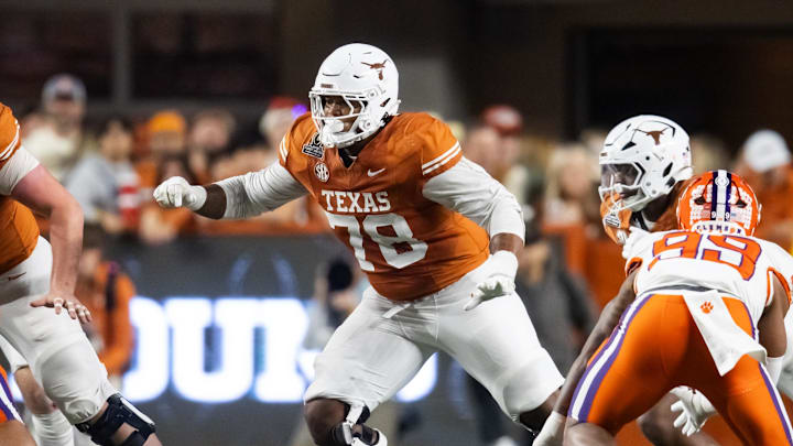 Texas Longhorns offensive lineman Kelvin Banks Jr. against the Clemson Tigers during the CFP National playoff first round Texas Longhorns offensive lineman Kelvin Banks Jr. against the Clemson Tigers during the CFP National playoff first round