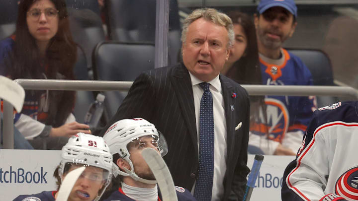 Mar 22, 2026; Elmont, New York, USA; Columbus Blue Jackets head coach Rick Bowness coaches against the New York Islanders during the first period at UBS Arena. Mandatory Credit: Brad Penner-Imagn Images