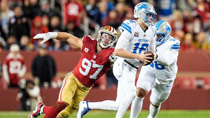 Detroit Lions quarterback Jared Goff (16) is sacked by San Francisco 49ers defensive end Nick Bosa (97) during the first half at Levi's Stadium in Santa Clara, Calif. on Monday, Dec. 30, 2024. Detroit Lions quarterback Jared Goff (16) is sacked by San Francisco 49ers defensive end Nick Bosa (97) during the first half at Levi's Stadium in Santa Clara, Calif. on Monday, Dec. 30, 2024.