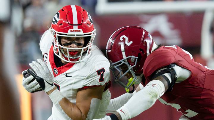 Oct 10, 2026; Tuscaloosa, Alabama, USA; Alabama defensive back Zabien Brown (2) tackles Georgia tight end Lawson Luckie (7) at Saban Field at Bryant-Denny Stadium. Mandatory Credit: Gary Cosby Jr.-Imagn Images Oct 10, 2026; Tuscaloosa, Alabama, USA; Alabama defensive back Zabien Brown (2) tackles Georgia tight end Lawson Luckie (7) at Saban Field at Bryant-Denny Stadium. Mandatory Credit: Gary Cosby Jr.-Imagn Images