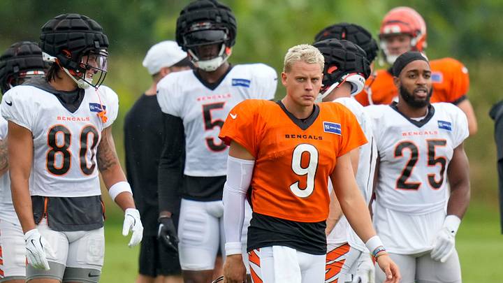 Cincinnati Bengals quarterback Joe Burrow (9) walks between sessions at the Chicago Bears Halas Hall practice facility in Lake Forest, Ill., on Thursday, Aug. 15, 2024. Cincinnati Bengals quarterback Joe Burrow (9) walks between sessions at the Chicago Bears Halas Hall practice facility in Lake Forest, Ill., on Thursday, Aug. 15, 2024.