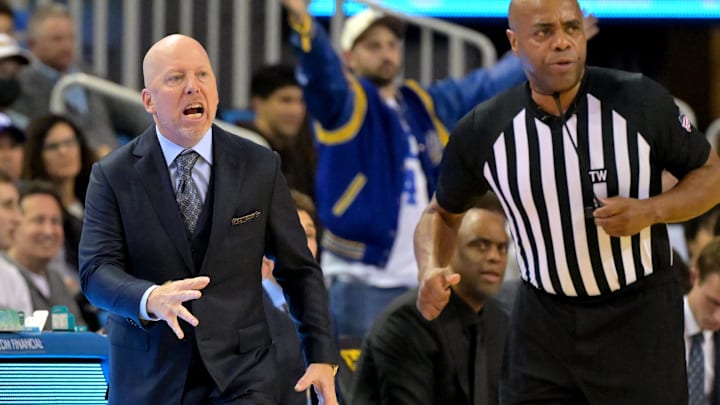 Dec 19, 2025; Los Angeles, California, USA; UCLA Bruins head coach Mick Cronin argues with officials and was given a technical foul during the second half against the Cal Poly Mustangs at Pauley Pavilion presented by Wescom Financial. Mandatory Credit: Jayne Kamin-Oncea-Imagn Images