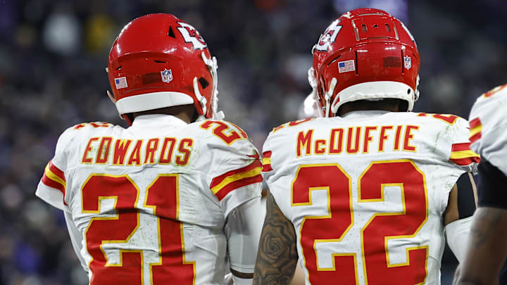 Jan 28, 2024; Baltimore, Maryland, USA; Kansas City Chiefs cornerback Trent McDuffie (22) stands with Chiefs safety Mike Edwards (21) after recoveringa fumble into the end zone by Baltimore Ravens wide receiver Zay Flowers (not pictured) in the AFC Championship football game at M&T Bank Stadium. Mandatory Credit: Geoff Burke-Imagn Images