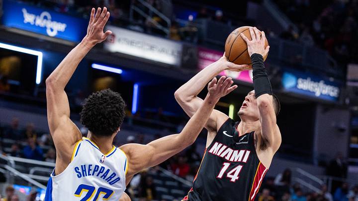 Mar 29, 2026; Indianapolis, Indiana, USA; Miami Heat guard Tyler Herro (14) shoots the ball while Indiana Pacers guard Ben Sheppard (26) defends in the second half at Gainbridge Fieldhouse. Mandatory Credit: Trevor Ruszkowski-Imagn Images Mar 29, 2026; Indianapolis, Indiana, USA; Miami Heat guard Tyler Herro (14) shoots the ball while Indiana Pacers guard Ben Sheppard (26) defends in the second half at Gainbridge Fieldhouse. Mandatory Credit: Trevor Ruszkowski-Imagn Images