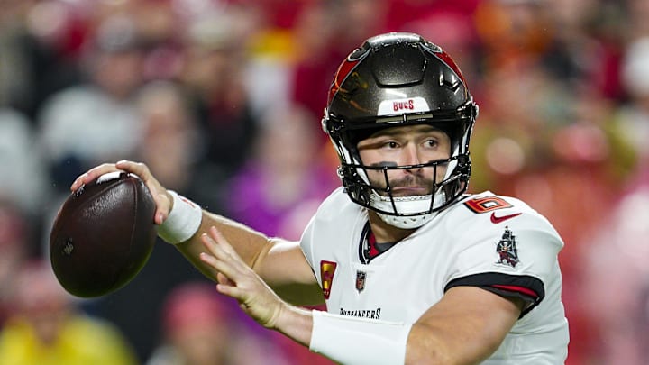 Nov 4, 2024; Kansas City, Missouri, USA; Tampa Bay Buccaneers quarterback Baker Mayfield (6) throws a pass during the first half against the Kansas City Chiefs at GEHA Field at Arrowhead Stadium. Mandatory Credit: Jay Biggerstaff-Imagn Images Nov 4, 2024; Kansas City, Missouri, USA; Tampa Bay Buccaneers quarterback Baker Mayfield (6) throws a pass during the first half against the Kansas City Chiefs at GEHA Field at Arrowhead Stadium. Mandatory Credit: Jay Biggerstaff-Imagn Images