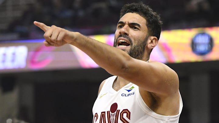 Oct 10, 2024; Cleveland, Ohio, USA; Cleveland Cavaliers forward Georges Niang (20) reacts in the first quarter against the Indiana Pacers at Rocket Mortgage FieldHouse. Mandatory Credit: David Richard-Imagn Images