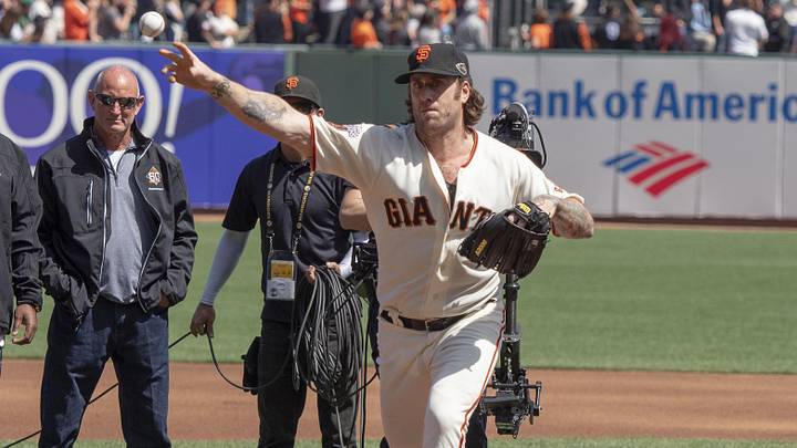 Apr 3, 2018; San Francisco, CA, USA; San Francisco Giants retired pitcher Brian Wilson throws out the fist pitch before the start of the game against the Seattle Mariners at AT&T Park. Mandatory Credit: Neville E. Guard-Imagn Images 